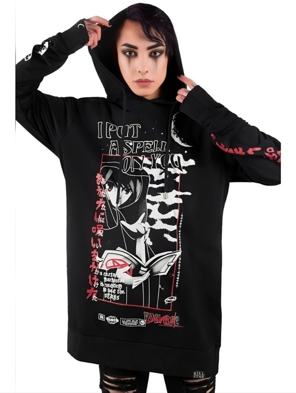 Killstar Spell Hoodie Black Oversized Anime Graphic D-Ring Pullover Longline XS